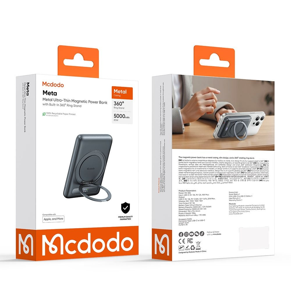 McDodo MC-8361 Meta Wireless External Battery, 5000mAh, 20W, PD + FQI, 1 x QI - 1 x USB-C, Gray