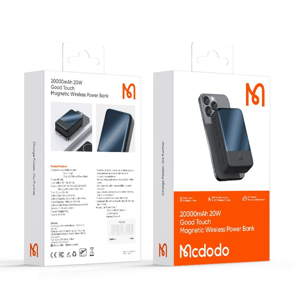 McDodo MC-5021 Ambilight Wireless External Battery, 20000mAh, 20W, PD + FQI, 1 x QI - 1 x USB-C, Black