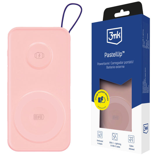 3MK PastelUp Wireless External Battery, 10000mAh, 22.5W, QC + PD + FQI, 1 x USB-A - 1 x USB-C - 2 x QI, Pink