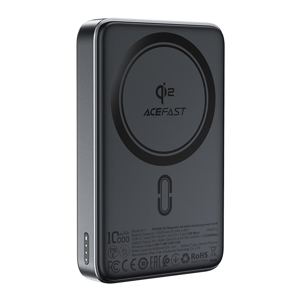 Acefast M11 Wireless External Battery, 10000mAh, 30W, PD + FQI, 1 x QI - 1 x USB-C, Black