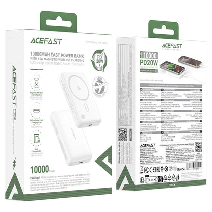 Acefast M26 Wireless External Battery, 10000mAh, 20W, PD + FQI, 1 x QI - 1 x USB-C, White