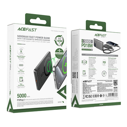 Acefast M8 Wireless External Battery, 5000mAh, 18W, PD + FQI, 1 x QI - 1 x USB-C, Black