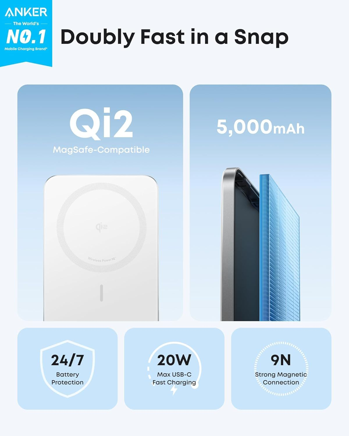 Anker Nano Wireless External Battery, 5000mAh, 20W, PD + FQI, 1 x QI - 1 x USB-C, White A1665H21