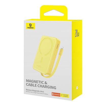 Baseus Magnetic Mini Wireless External Battery, 10000mAh, 20W, PD + FQI, 1 x Lightning - 1 x QI - 1 x USB-C, Yellow P10022109Y23-00