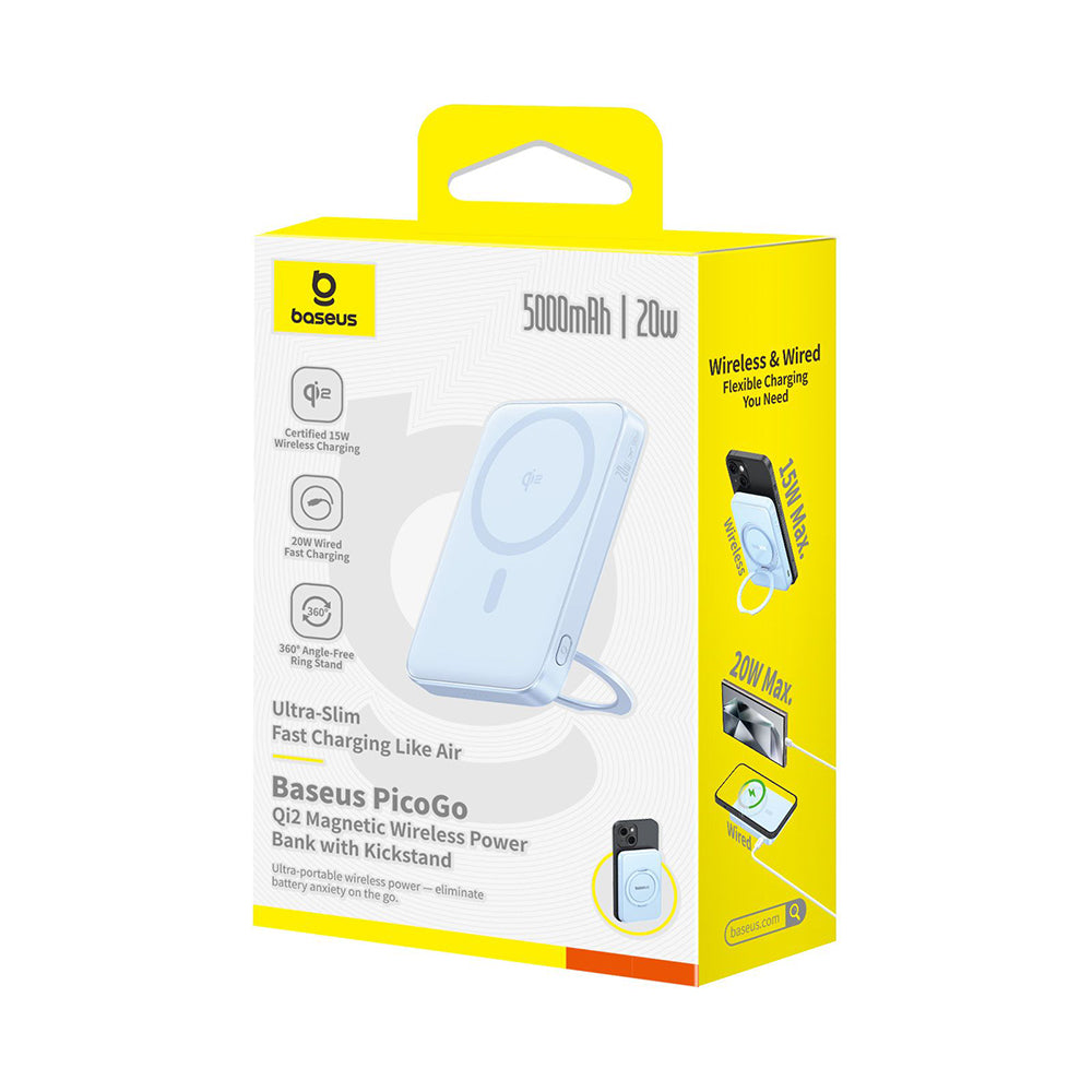 Baseus PicoGo External Wireless Battery, 5000mAh, 20W, PD + FQI, 1 x QI - 1 x USB-C, Blue P10076800313-00