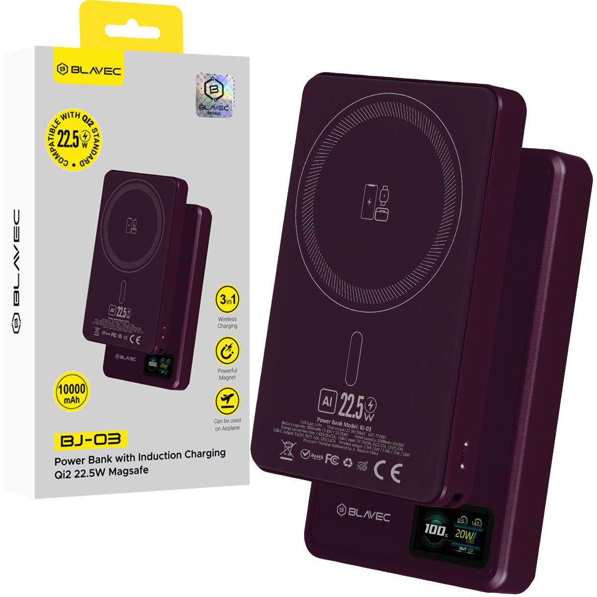 Blavec BJ-03 Slim Wireless Power Bank, 10000mAh, 22.5W, PD + FQI, 1 x QI - 1 x USB-C, Purple