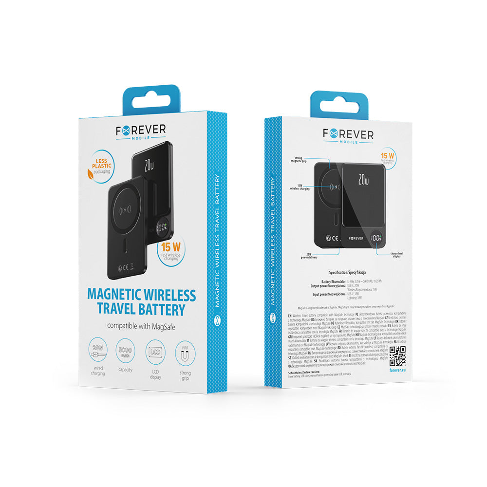 Forever MATB-200 Wireless External Battery, 5000mAh, 20W, PD + FQI, 1 x QI - 1 x USB-C, Black