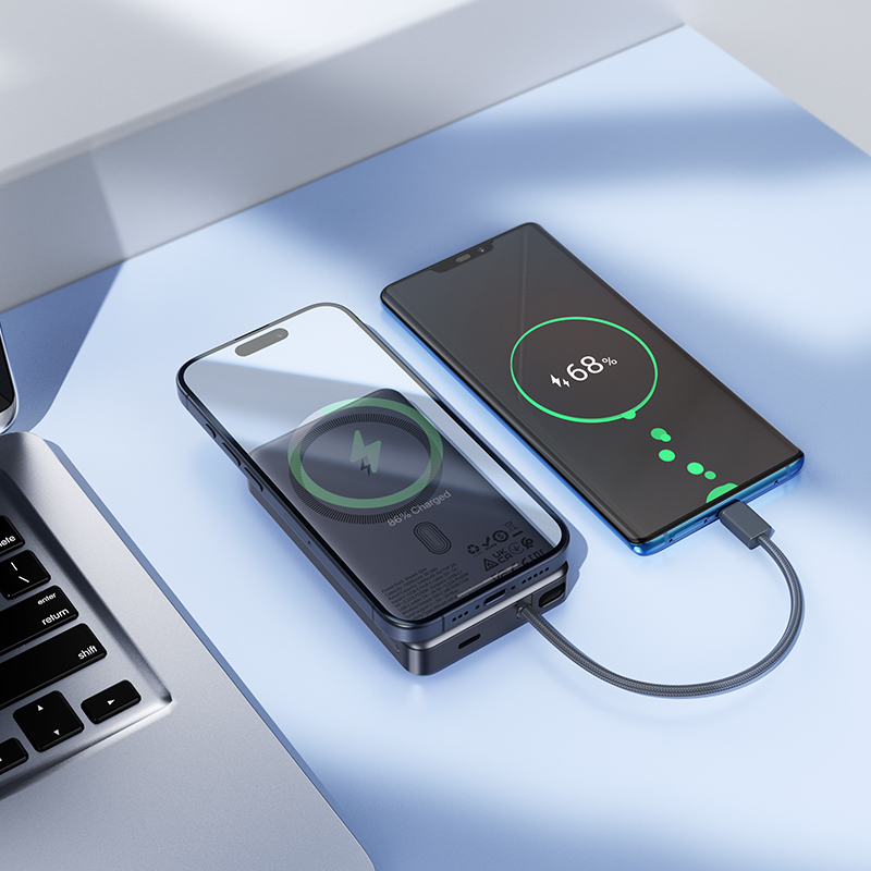 HOCO Q44 Wireless External Battery, 10000mAh, 20W, PD + FQI, 1 x QI - 2 x USB-C, Gray