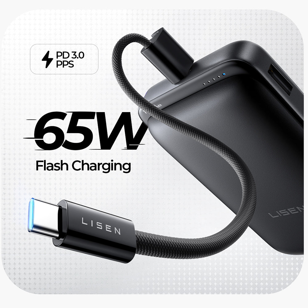 Lisen P604 Wireless External Battery, 10000mAh, 65W, QC + PD + FQI, 1 x QI - 1 x USB-A - 1 x USB-C, Black