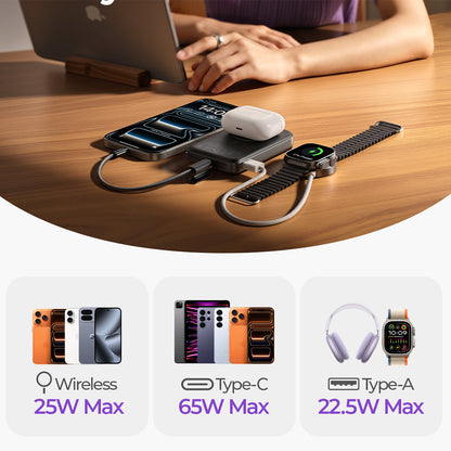 Lisen P604 Wireless External Battery, 10000mAh, 65W, QC + PD + FQI, 1 x QI - 1 x USB-A - 1 x USB-C, Black