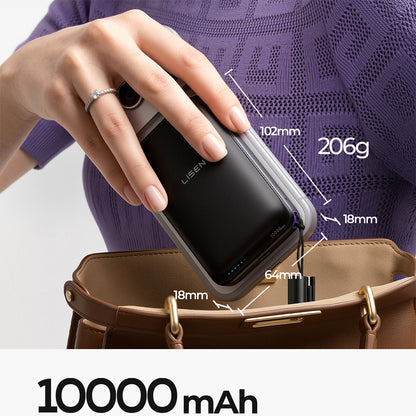 Lisen P604 Wireless External Battery, 10000mAh, 65W, QC + PD + FQI, 1 x QI - 1 x USB-A - 1 x USB-C, Black