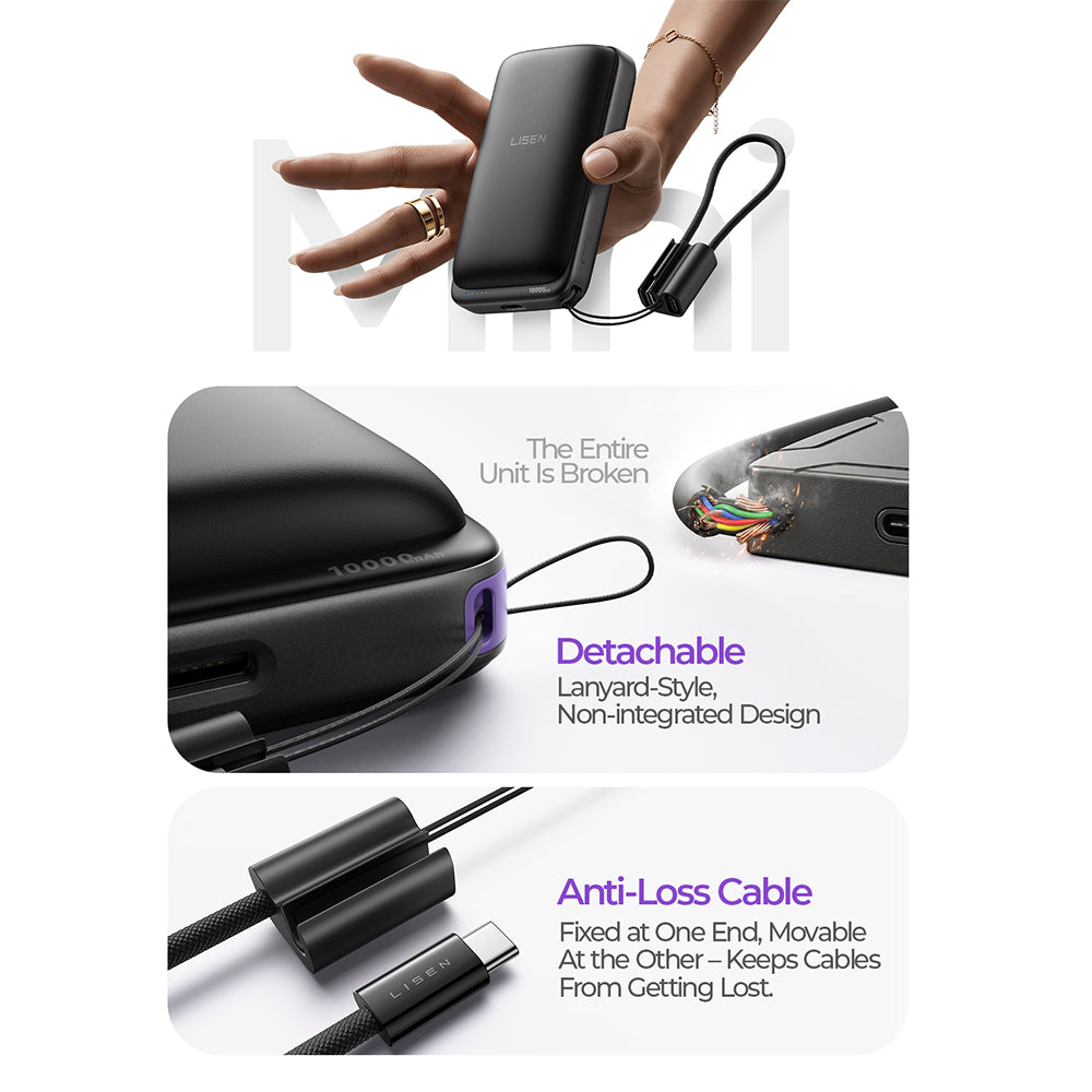 Lisen P604 Wireless External Battery, 10000mAh, 65W, QC + PD + FQI, 1 x QI - 1 x USB-A - 1 x USB-C, Black
