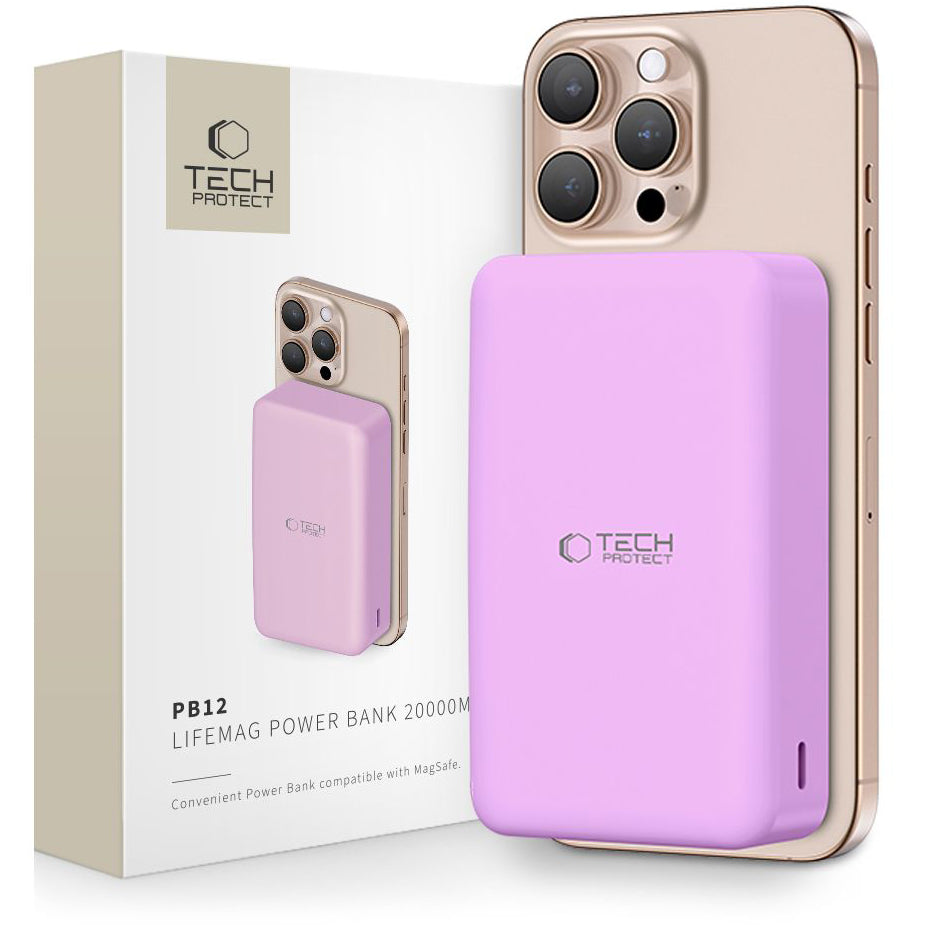 External Wireless Battery Tech-Protect PB12 LifeMag, 20000mAh, 20W, QC + PD + FQI, 1 x QI - 1 x USB-A - 1 x USB-C, Purple