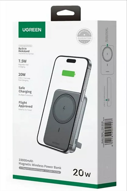 UGREEN PB561 Wireless External Battery, 10000mAh, 20W, PD + FQI, 1 x QI - 1 x USB-C, Black