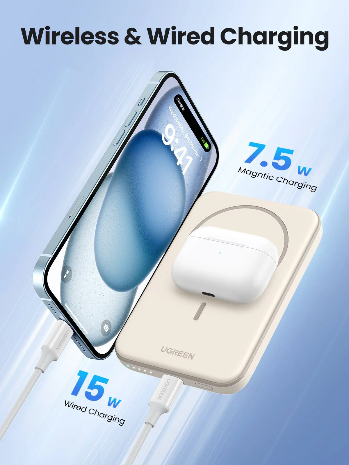 UGREEN PB560 Wireless External Battery, 5000mAh, 15W, PD + QI, 1 x QI - 1 x USB-C, Beige 