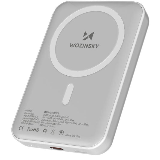 External Wireless Battery WZK WRW349YWS, 10000mAh, 20W, PD + FQI, 1 x QI - 1 x USB-C, White