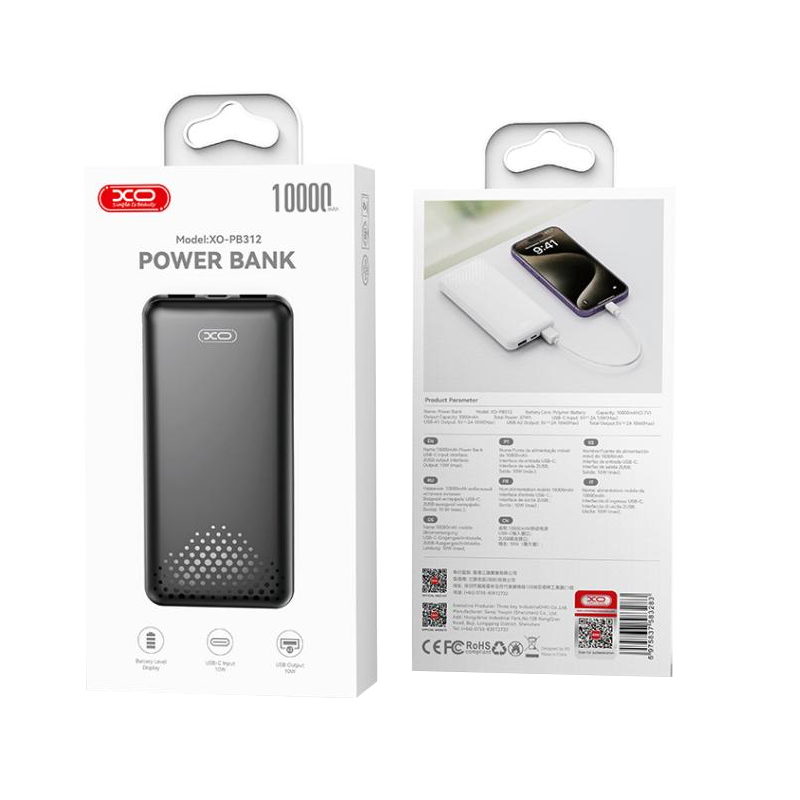 XO Design PB312 External Battery, 10000mAh, 10W, 2 x USB-A, Black