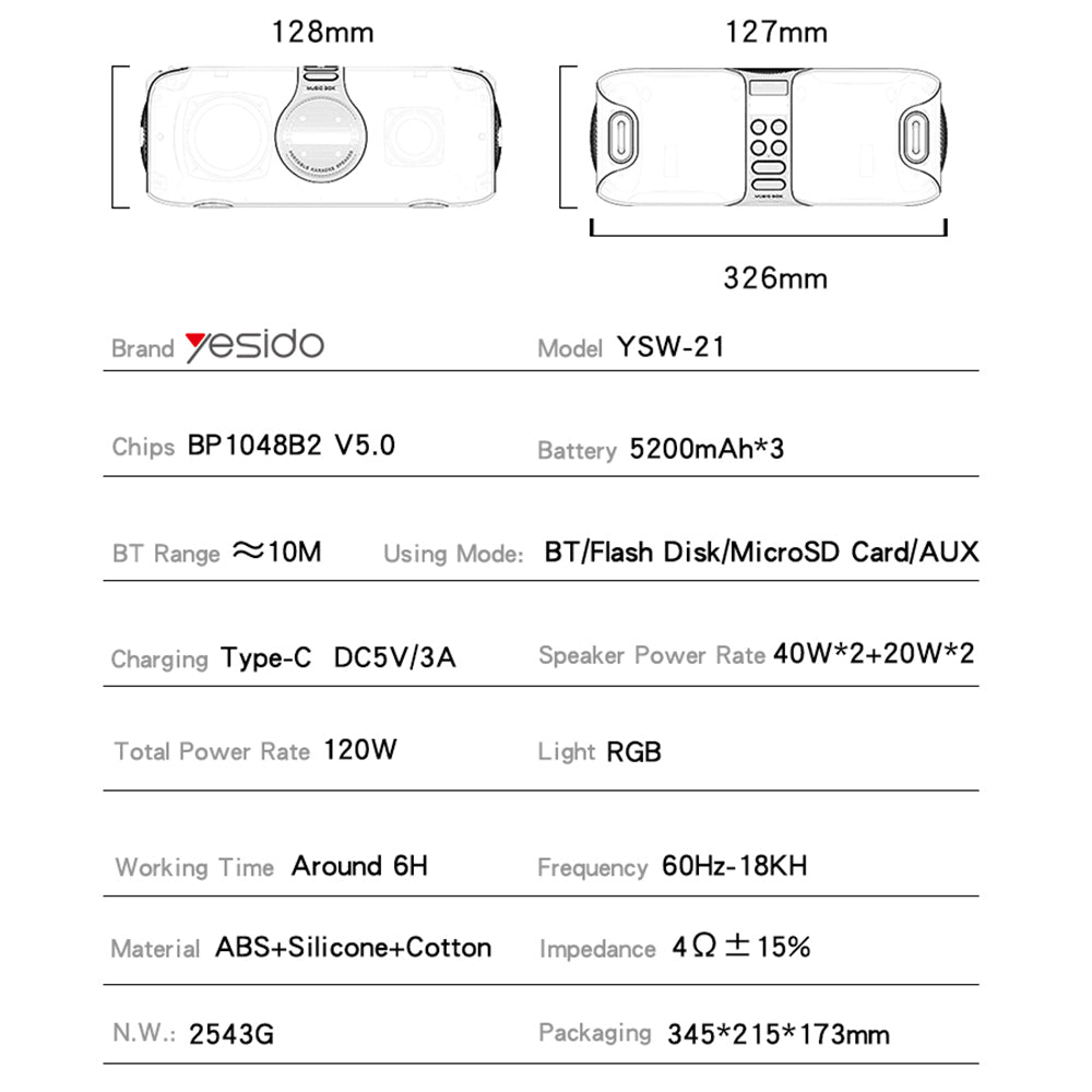 Yesido YSW21 Karaoke Bluetooth Speaker, 120W, RGB, Waterproof, Black