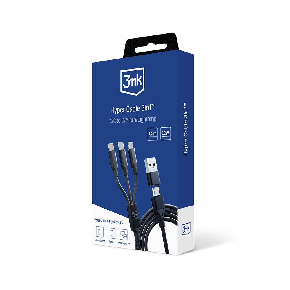 Charging Cable USB-A / USB-C - Lightning / microUSB / USB-C 3MK Hyper 3in1, 12W, 1.5m, Black 