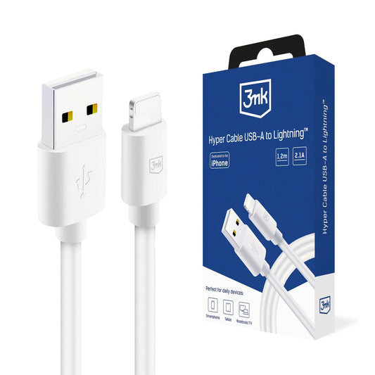 USB-A to Lightning Data and Charging Cable 3MK Hyper, 12W, 1.2m, White
