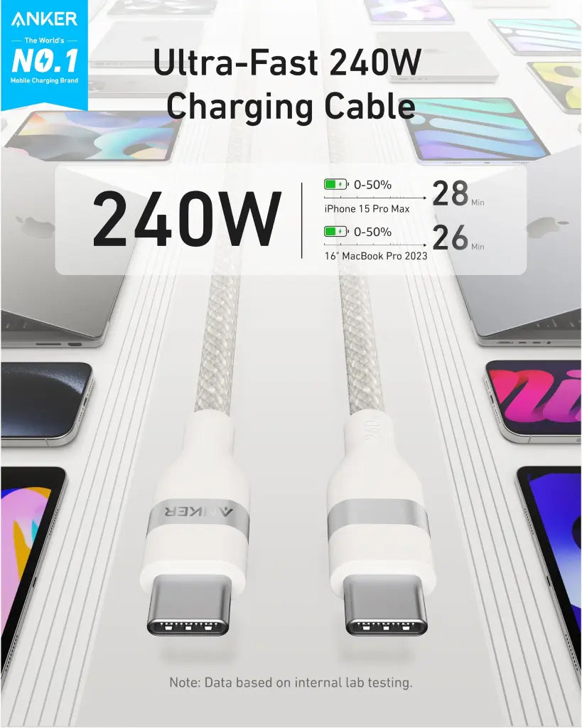 USB-C Data and Charging Cable - USB-C Anker, 240W, 0.9m, White A82E2H21