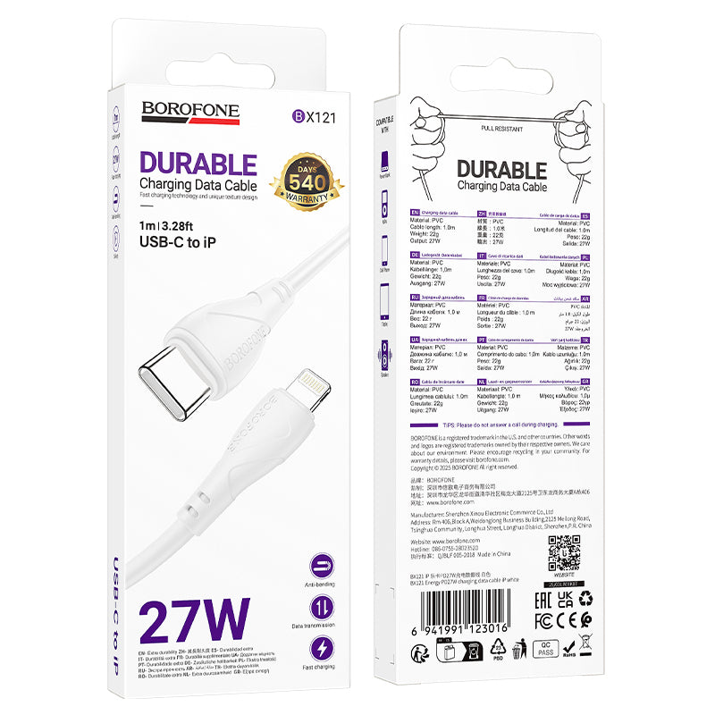 USB-C to Lightning Data and Charging Cable Borofone BX121 Energy, 27W, 1m, White