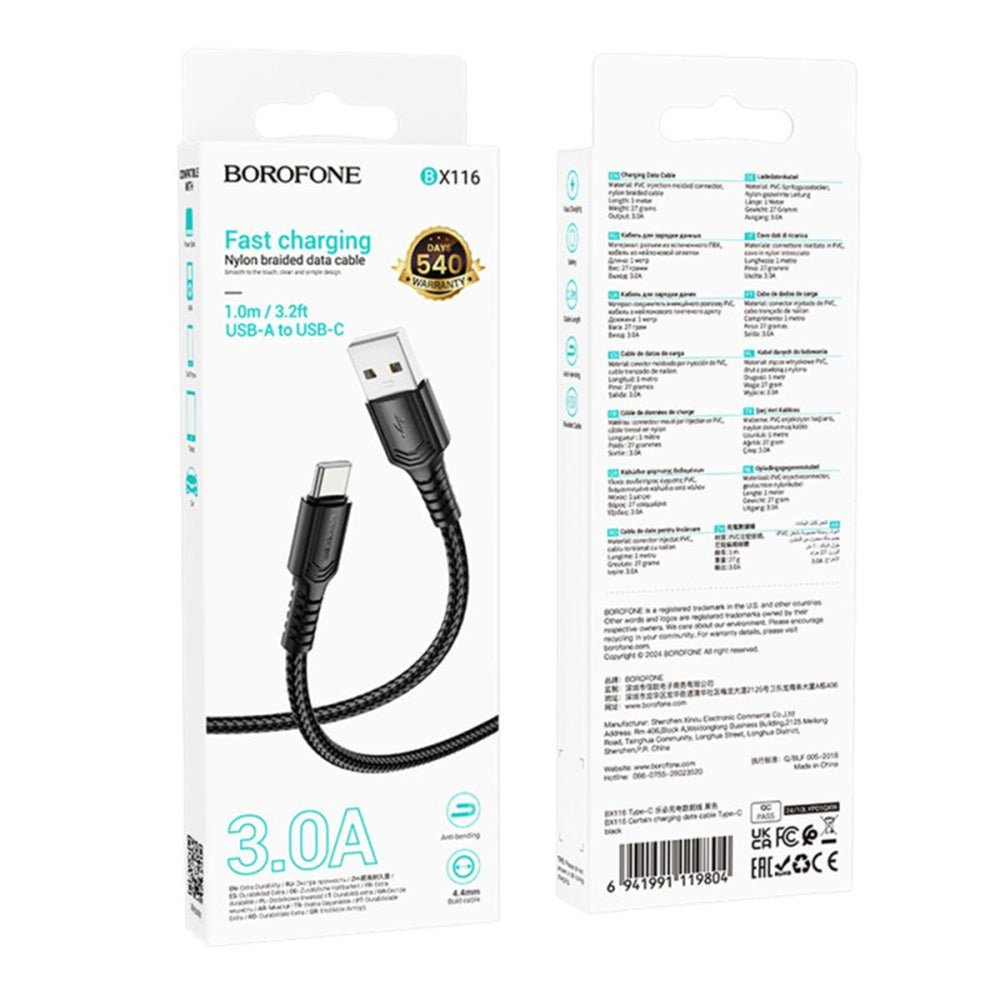 USB-A to USB-C Data and Charging Cable Borofone BX116 Certain, 18W, 1m, Black