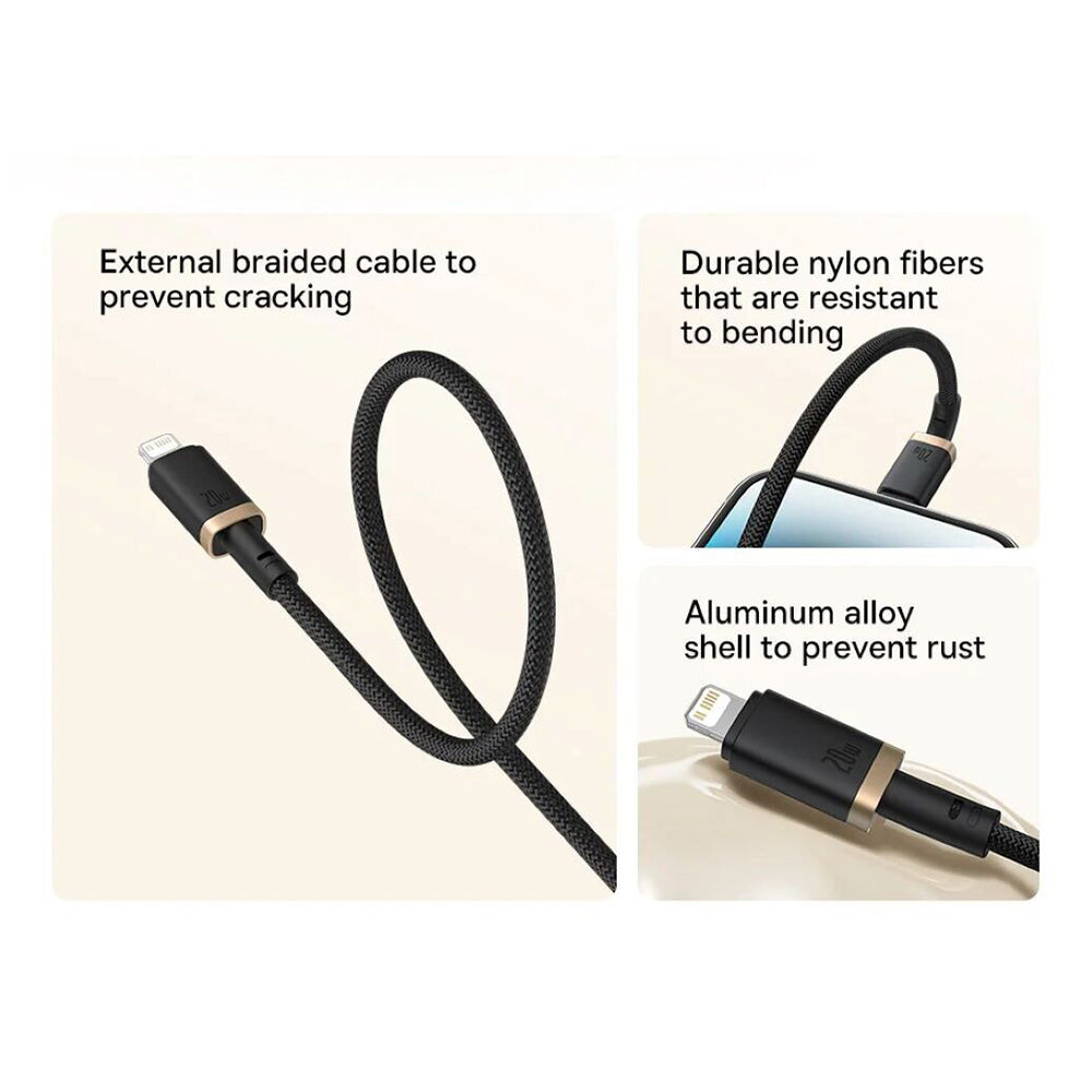 USB-C to Lightning Data and Charging Cable Baseus Dura Series, 20W, 2m, Black Gold P10377800U01-02