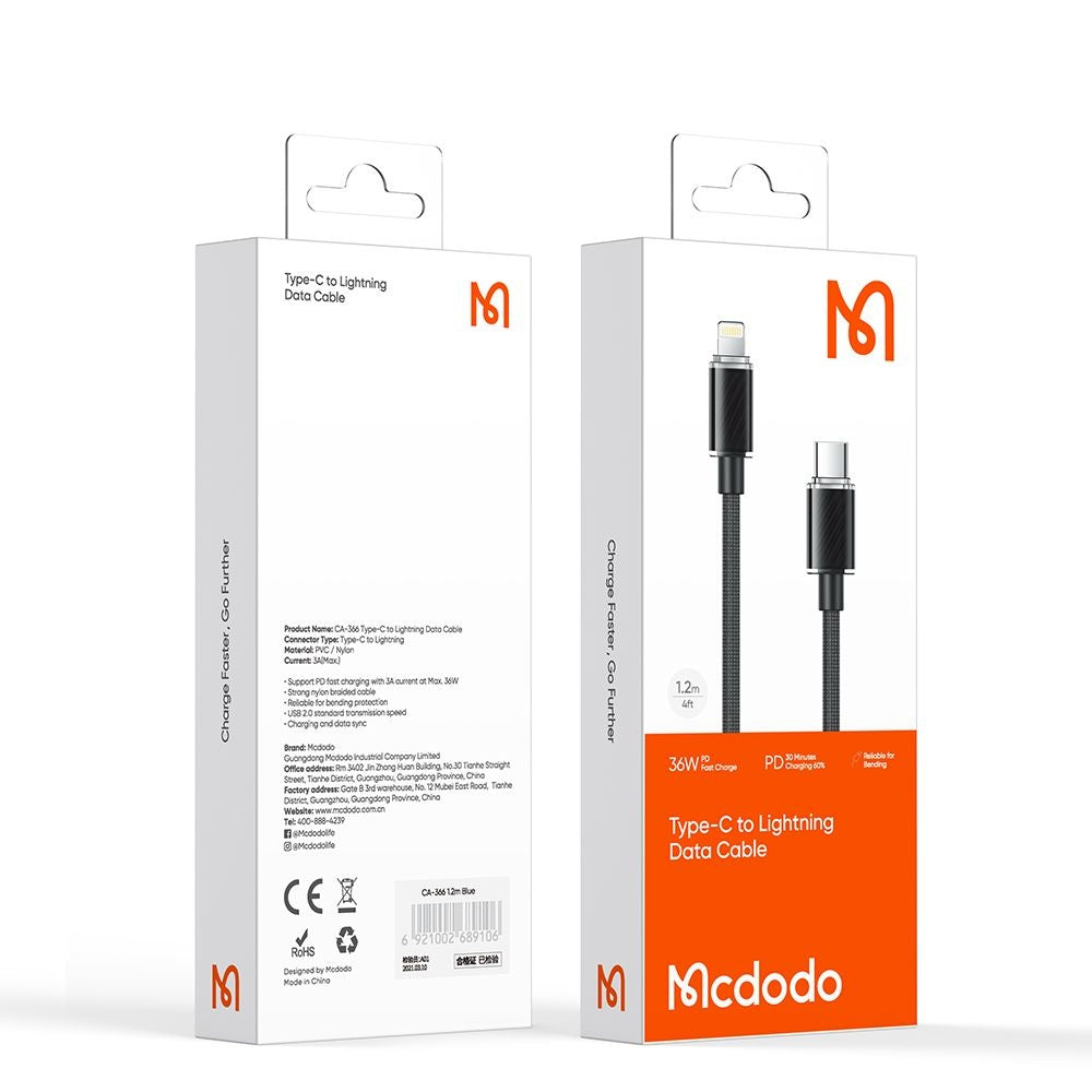 USB-C to Lightning McDodo CA-3660 Data and Charging Cable, 36W, 1.2m, Black