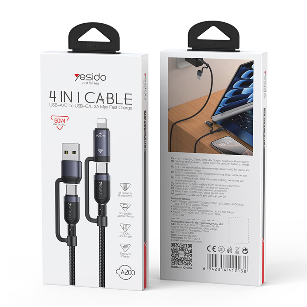 USB-C / USB-A Data and Charging Cable - USB-C / Lightning Yesido CA200, 60W, 1.2m, Black