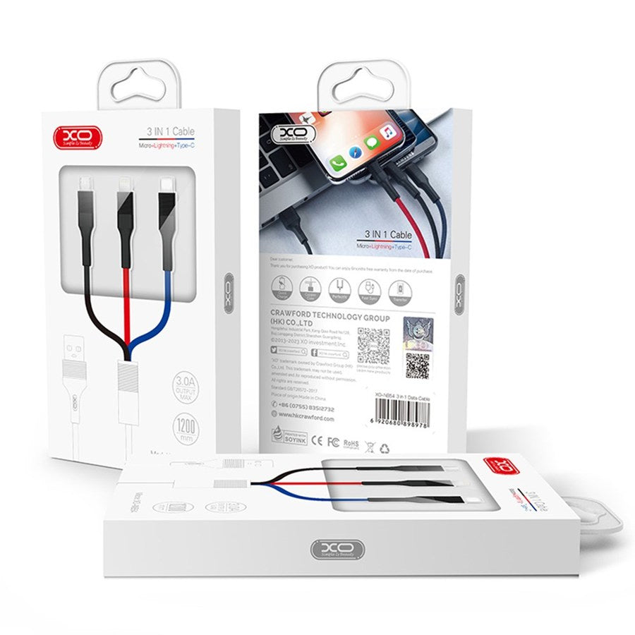 USB-A to Lightning / microUSB / USB-C Charging Cable XO Design NB54, 18W, 1.2m, Multicolor