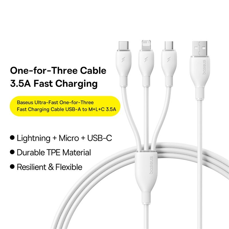 USB-A Charging Cable - Lightning / microUSB / USB-C Baseus Ultra Fast 3in1, 18W, 1.3m, White P10376303211-00