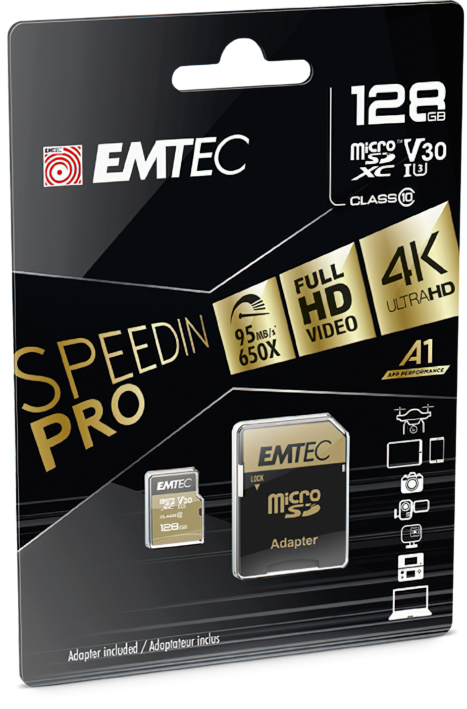 Emtec Speedin Pro Android A1 microSDXC Memory Card, 128GB, Class 10 / UHS-1 U3, With Adapter ECMSDM128GXE
