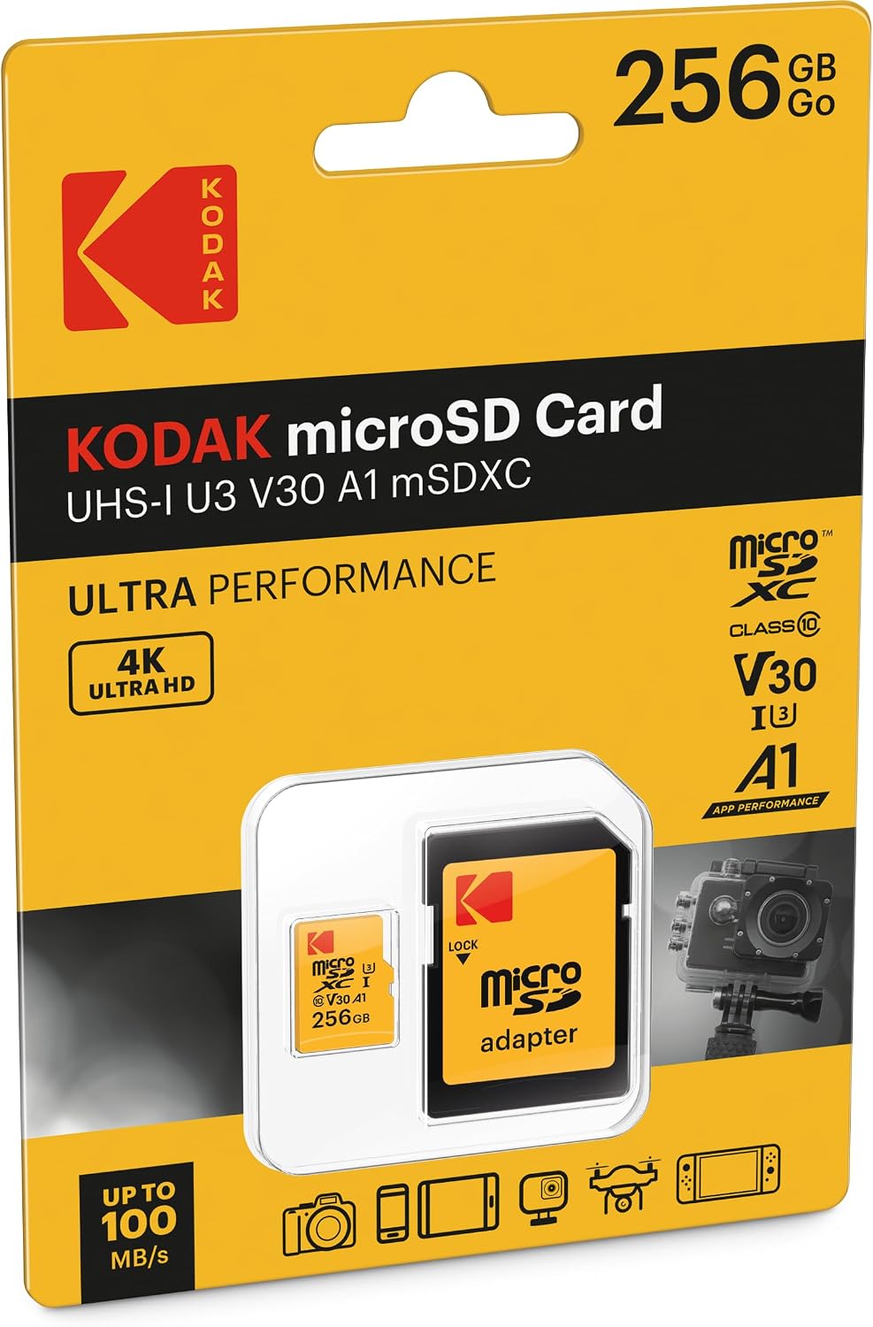 Kodak microSDXC Memory Card, 256GB, Class 10 / UHS-1 U3, With Adapter EKMSDM256GXC10HPRK