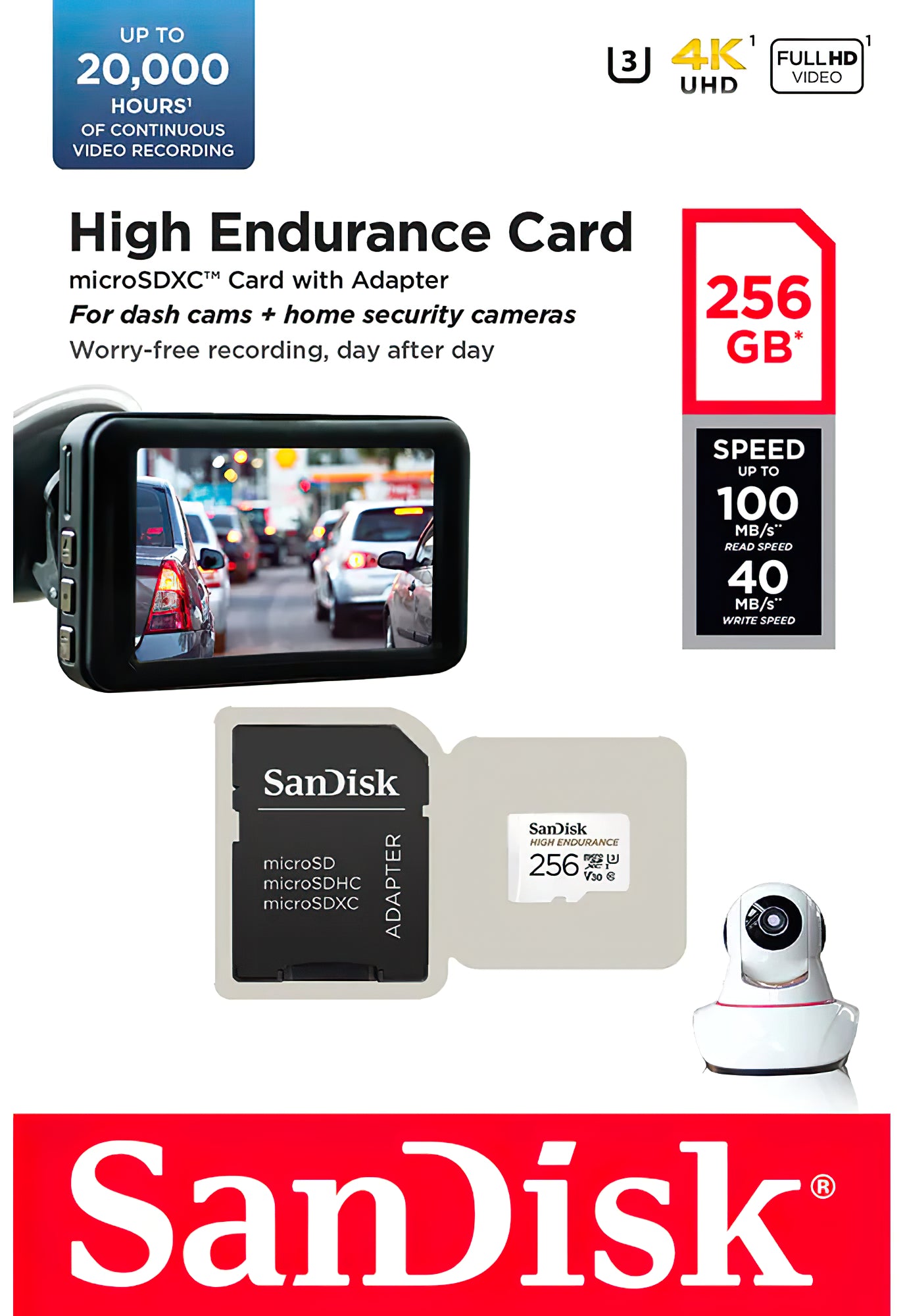 SanDisk High Endurance microSDXC Memory Card, 256Gb, Class 10 / UHS-1 U3, With Adapter SDSQQNR-256G-GN6IA