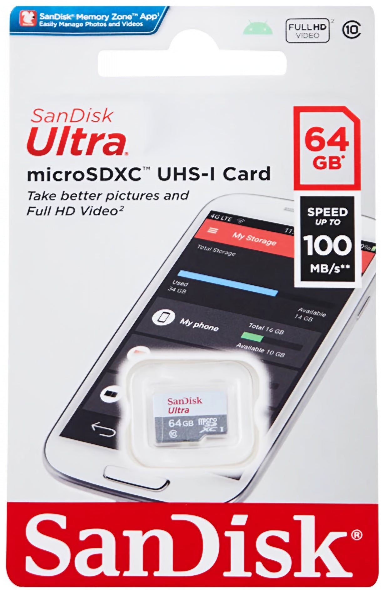 SanDisk Ultra microSDXC Memory Card, 64Gb, Class 10 SDSQUNR-064G-GN3MN