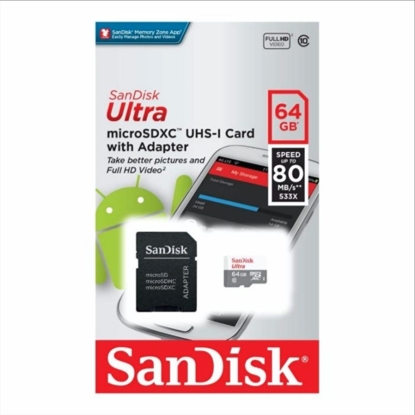 SanDisk Ultra microSDXC Memory Card, 64Gb, Class 10, With Adapter SDSQUNR-064G-GN3MA