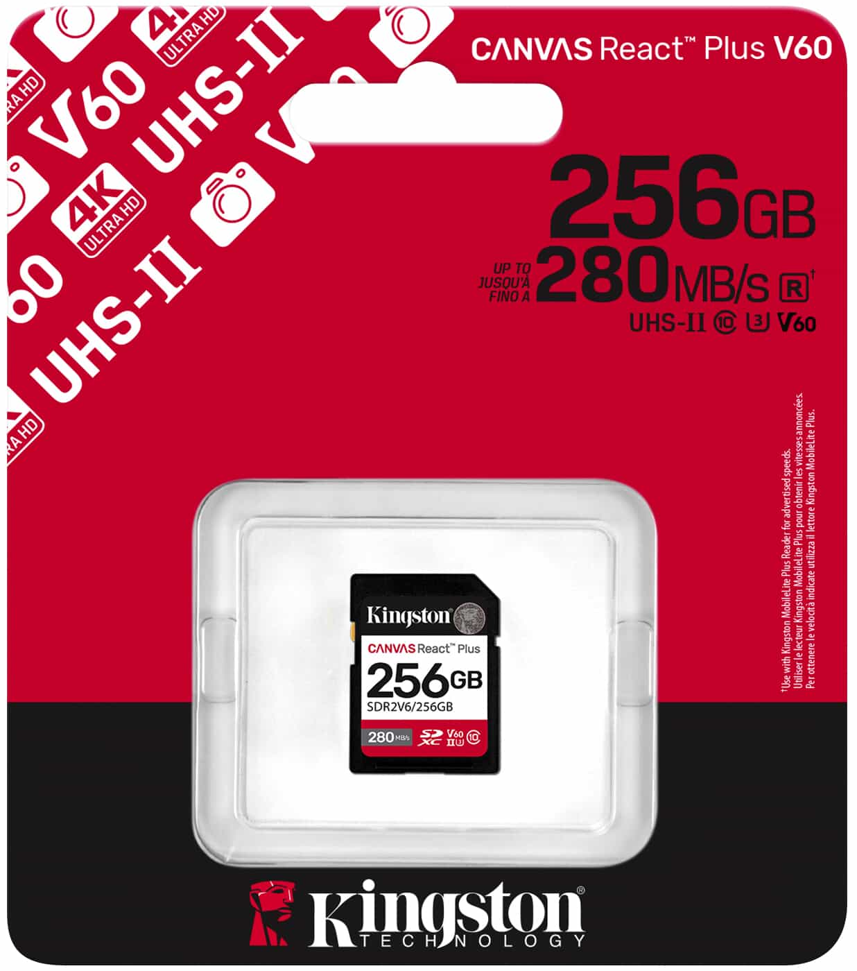 Kingston Canvas React Plus SDXC Memory Card, 256Gb, Class 10 / UHS-2 U3 SDR2V6/256GB