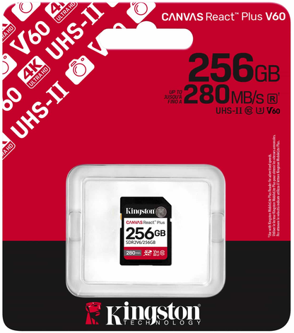 Kingston Canvas React Plus SDXC Memory Card, 256Gb, Class 10 / UHS-2 U3 SDR2V6/256GB