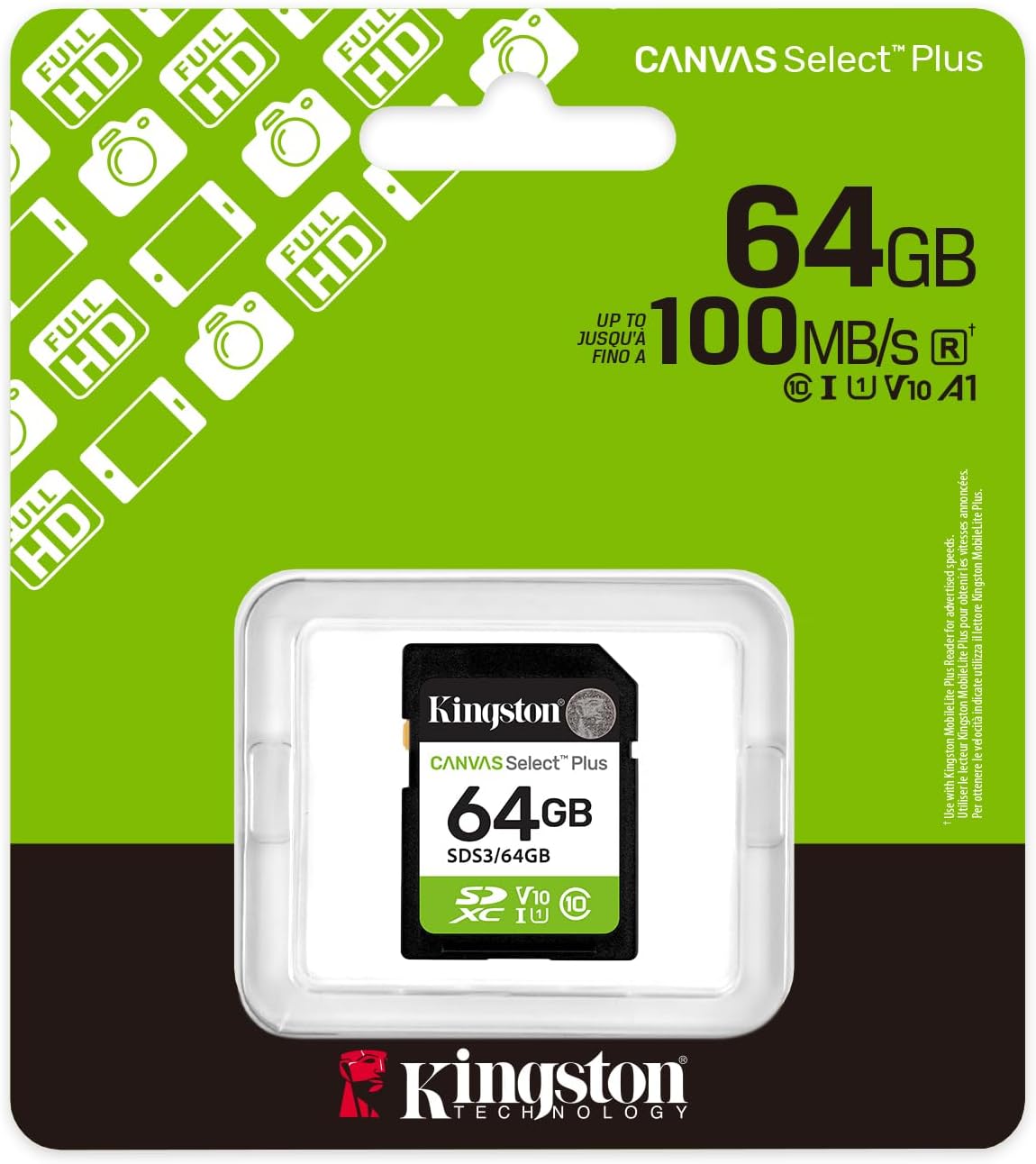 Kingston Canvas Select Plus SDXC Memory Card, 64GB, Class 10 / UHS-1 U1 SDS3/64GB