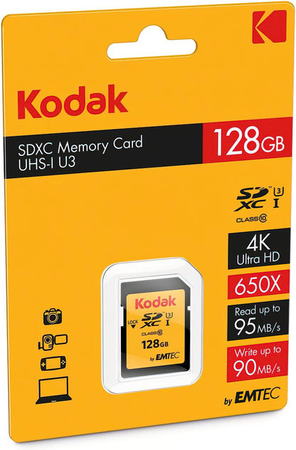 Kodak SDXC Memory Card, 128Gb, Class 10 / UHS-1 U3 EKMSD128GXC10HPRK