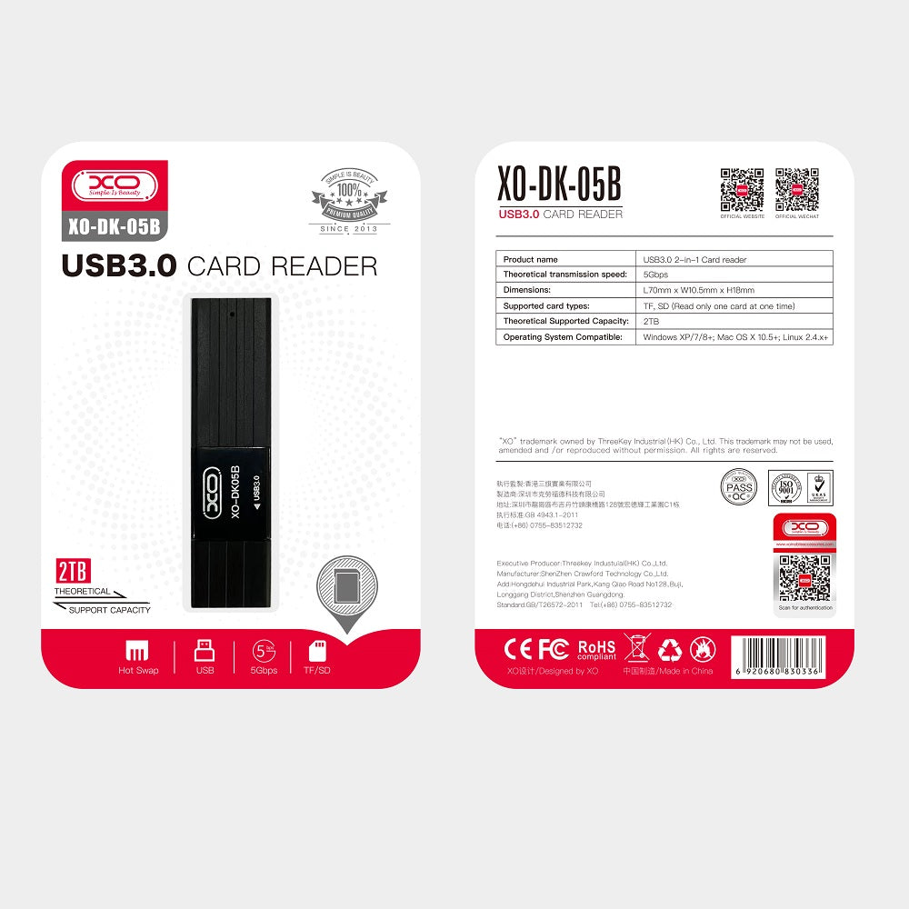 USB 3.0 XO Design DK05B Card Reader, SD - microSD, Black