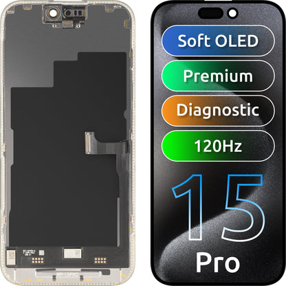 MP Touchscreen Display compatible with Apple iPhone 15 Pro, with Frame, Premium Soft OLED FHD 120Hz Diagnostic Version, Black