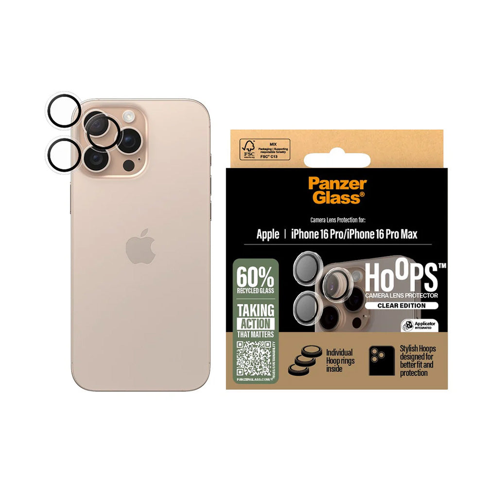 Rear Camera Protection Film PanzerGlass Hoops for Apple iPhone 16 Pro Max / 16 Pro, Tempered Glass, Transparent