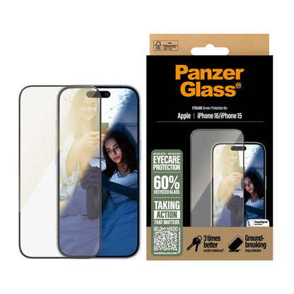 PanzerGlass Ultra-Wide Fit EyeCare Screen Protector for Apple iPhone 16 / 15, Tempered Glass, Full Glue, Black