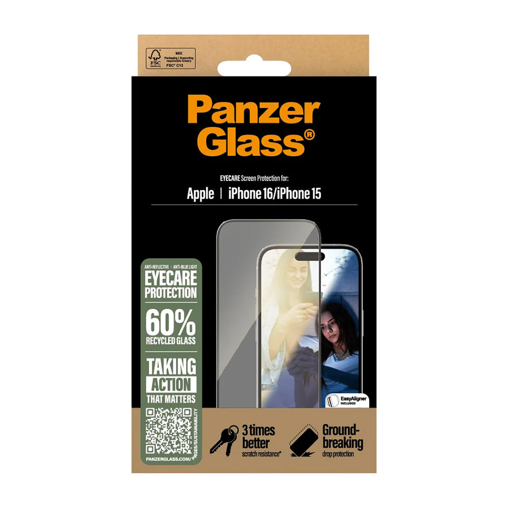 PanzerGlass Ultra-Wide Fit EyeCare Screen Protector for Apple iPhone 16 / 15, Tempered Glass, Full Glue, Black