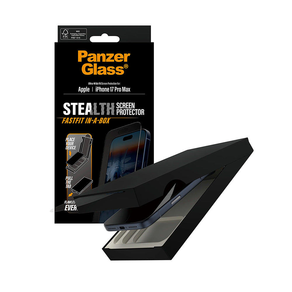 PanzerGlass Ultra-Wide Fit Stealth Fastfit Screen Protector for Apple iPhone 17 Pro Max, Tempered Glass, Full Glue, Black