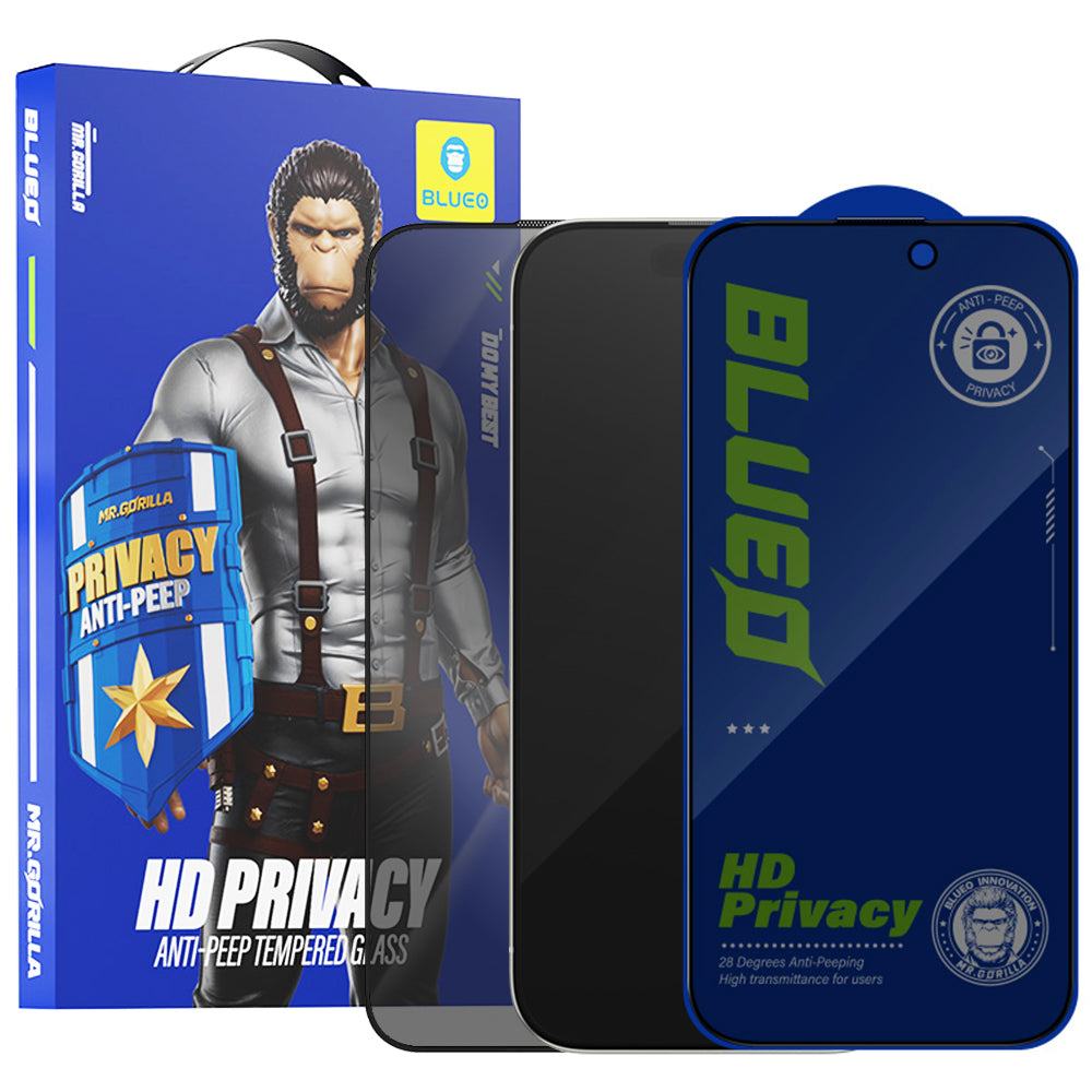 Blueo Anti-Peep Privacy Screen Protector Film for Apple iPhone 14 Plus / 13 Pro Max, Tempered Glass, Full Glue