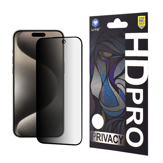 Privacy Screen Protector Film Lito HD Pro for Apple iPhone 15 Pro Max, Tempered Glass, Full Glue