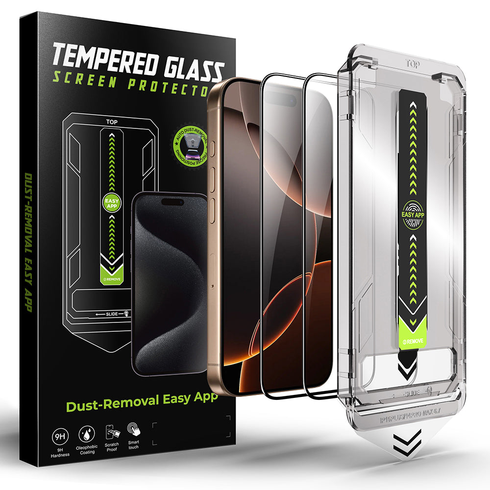 Techsuit TitanGlass Screen Protector for Apple iPhone 16 Plus / 15 Plus, Tempered Glass, Full Glue, Set of 2 pieces, Black